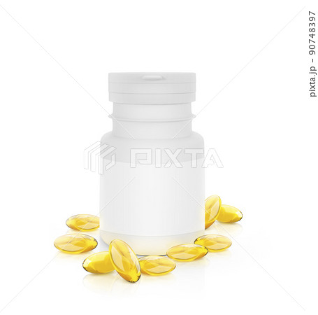 Healthy fish oil supplement capsules and mockup of pills bottle with blank label isolated on white background. 3d render Healthy fish oil supplement capsules and mockup of pills bottle with blank label isolated on white background. 3d render 90748397