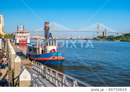 Downtown Savannah riverfront with blue sky Downtown Savannah riverfront with blue sky 90750639