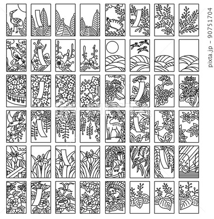 シンプルな花札の線画イラストアイコンセット 90751704