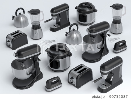 Electric kitchen appliances and utensils for making breakfast on white 90752087
