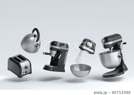 Espresso coffee machine, hand mixer, kettle and toaster on white background. 90752090