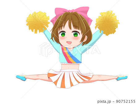 ジャンプするチアリーダーの女の子のイラスト 応援 三頭身ミニキャラアイコン 白背景透過のイラスト素材