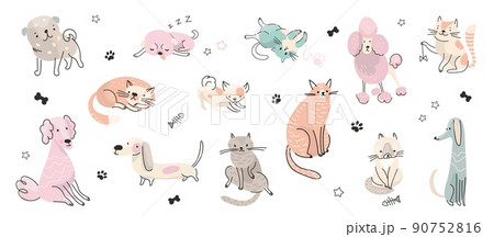Doodle adorable pets. Cute dog portrait, pretty kitten relax different poses. Cats and dogs, cartoon drawing puppies. Isolated nowaday animals vector set Doodle adorable pets. Cute dog portrait, pretty kitten relax different poses. Cats and dogs, cartoon drawing puppies. Isolated nowaday animals vector set 90752816