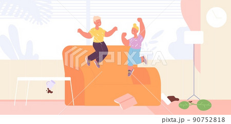 Children play in room. Brother and sister jumping on couch, chaos in home. Vacation or holiday time, cute happy cartoon kids, vector concept 90752818