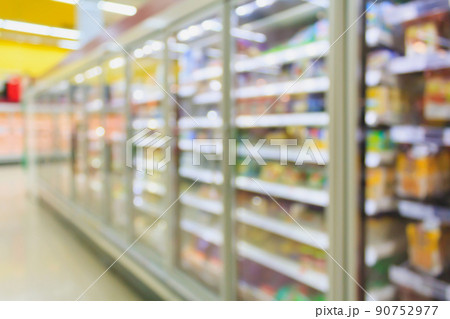 Frozen food section in supermarket blurred background 90752977