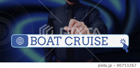 Text sign showing Boat Cruise. Internet Concept sail about in area without precise destination with large ship Lady in suit holding pen symbolizing successful teamwork accomplishments. 90753267