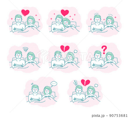 ベッドで寄り添う男女・夫婦・カップル 上半身 (SEX ・性行為) / 表情パターンセットのイラスト素材 [90753681] PIXTA