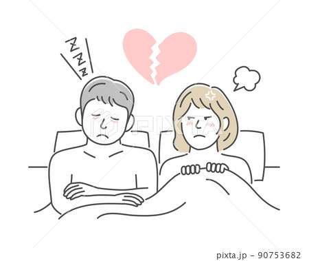 ベッドで寄り添う男女 夫婦 カップル 上半身 Sex 性行為 疲れ 過労 セックスレスのイラスト素材