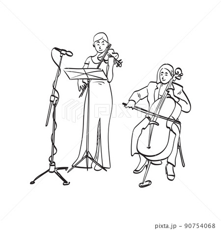 woman playing violin and cello with microphone illustration vector hand drawn isolated on white background line art. 90754068