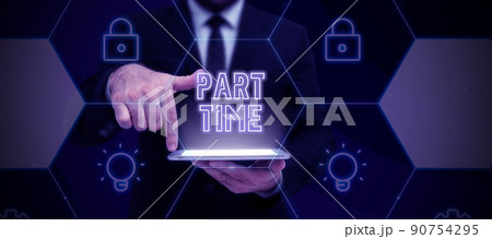 Text sign showing Part Time. Conceptual photo A work or job that is not permanent but able to perform well Lady in suit holding pen symbolizing successful teamwork accomplishments. 90754295