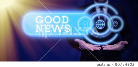 Text sign showing Good News. Business overview Someone or something positive,encouraging,uplifting,or desirable Hand Pressing Screen Showing The Futuristic Technology. Text sign showing Good News. Business overview Someone or something positive,encouraging,uplifting,or desirable Hand Pressing Screen Showing The Futuristic Technology. 90754302
