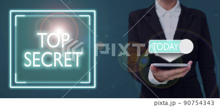 Text showing inspiration Top Secret. Business showcase telling someone important data or information that he cant tell Businessman Using Mobile Phone Making Plans Accomplishing Latest Goals. 90754343