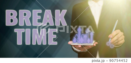Conceptual caption Break Time. Internet Concept Period of rest or recreation after doing of certain work Partners Shaking Signing Contract Unlocking New Ideas And Opportunities 90754452