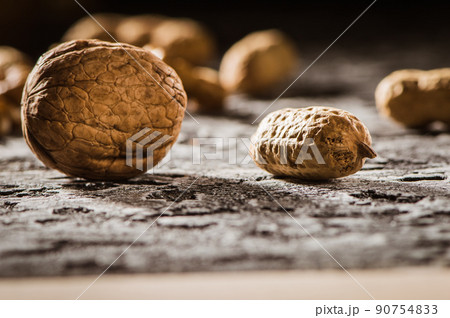 Fresh peanuts in shell top view background 90754833
