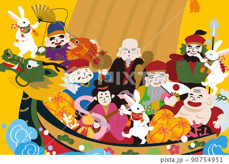 2023年　七福神とうさぎが乗った宝船の年賀状デザイン　卯年 90754951