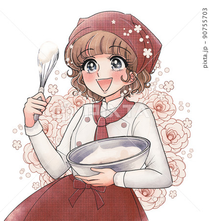 昭和50年代少女まんが風 生クリームを泡立てる可愛いケーキ屋さんのイラスト素材