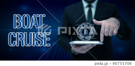Conceptual display Boat Cruise. Business showcase sail about in area without precise destination with large ship Businessman in suit holding notepad symbolizing successful teamwork. 90755706