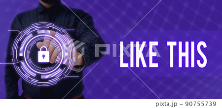 Conceptual caption Like This. Word for An action refering to something that needs to do the same as it is Businessman in suit holding open palm symbolizing successful teamwork. 90755739