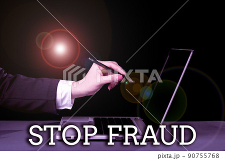Conceptual caption Stop Fraud. Word for campaign advices showing to watch out thier money transactions Lady in suit holding pen symbolizing successful teamwork accomplishments. 90755768