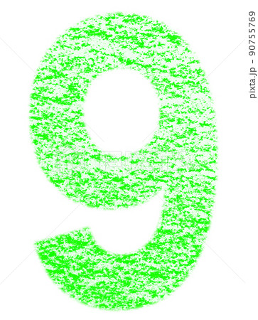 クレヨンで描かれた数字 キュウ 9 緑色 背景白 高解像度 パス付 他色有り 90755769