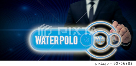 Sign displaying Water Polo. Word for competitive team sport played in the water between two teams Businessman in suit holding notepad symbolizing successful teamwork. 90756383