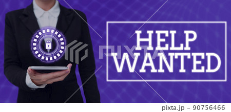 Inspiration showing sign Help Wanted. Business showcase advertisement placed in newspaper by employers seek employees Businessman in suit holding tablet symbolizing successful teamwork. 90756466