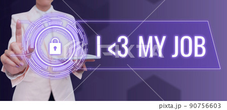 Text sign showing I Love My Job. Word for telling someone that you admire your current profession Businessman in suit holding open palm symbolizing successful teamwork. 90756603