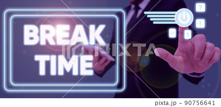 Inspiration showing sign Break Time. Concept meaning Period of rest or recreation after doing of certain work Lady in suit holding pen symbolizing successful teamwork accomplishments. 90756641