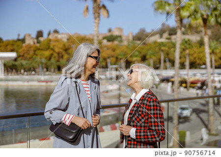 Female friends having conversation on promenade by sea 90756714