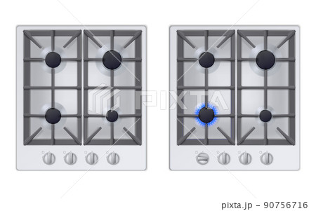 Realistic white gas stove top view. Realistic kitchen appliance set. 90756716