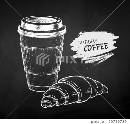 Chalked illustration of Coffee cup and croissant 90756786
