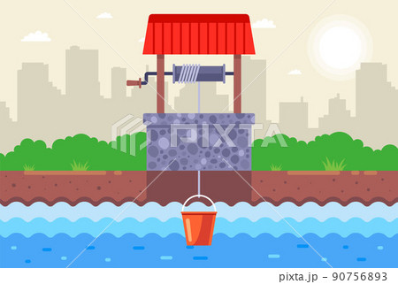 extract clean drinking water from underground. homemade stone well with a bucket. 90756893
