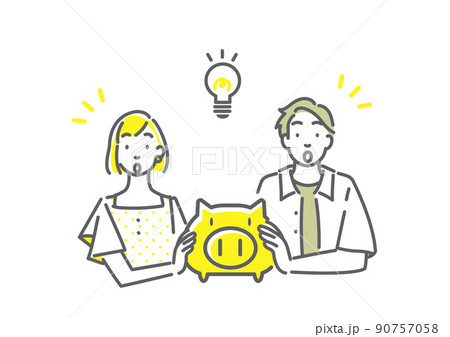 資産形成について考える若い夫婦　シンプルでお洒落な線画イラスト 90757058
