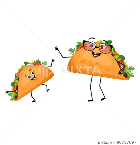 Cute character mexican taco with happy emotions, face, smile, eyes, arms and legs. Cheerful fast food, grandmother with glasses and grandson, sandwich with flatbread. Cute character mexican taco with happy emotions, face, smile, eyes, arms and legs. Cheerful fast food, grandmother with glasses and grandson, sandwich with flatbread. 90757097
