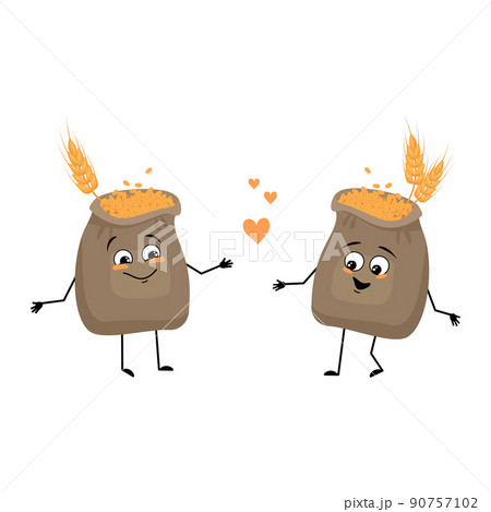 Cute sack of wheat and ear character with love emotions, smile face, arms and legs. Cereal crop with funny facial expression and pose. Vector flat illustration Cute sack of wheat and ear character with love emotions, smile face, arms and legs. Cereal crop with funny facial expression and pose. Vector flat illustration 90757102