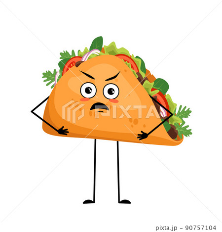Cute character mexican taco with angry emotions, grumpy face, furious eyes, arms and legs. Irritated fast food person, sandwich with flatbread. 90757104