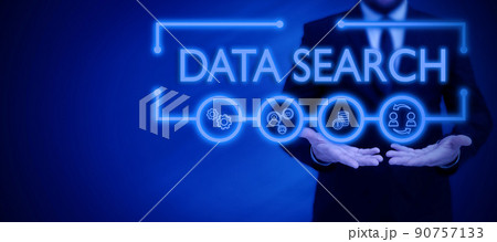 Sign displaying Data Search. Conceptual photo gathers and reports information contains specified terms Businessman in suit holding notepad symbolizing successful teamwork. 90757133