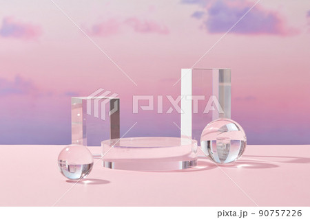 Front view of transparent podium with blank space in purple gradient cloudy sky background abstract content 90757226