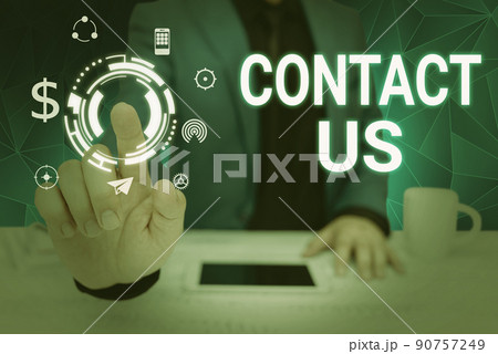 Inspiration showing sign Contact Us. Concept meaning Group of person that rendering costumer service through telecom Lady in suit pointing upwards representing innovative thinking. 90757249