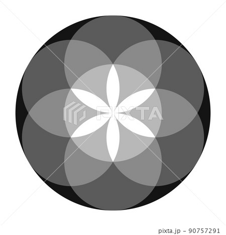 Grayscale colored Seed of Life. Ancient geometric figure, spiritual symbol and Sacred Geometry. Overlapping circles forming a flower like pattern, the preform of the Flower of Life. Isolated. Vector. 90757291