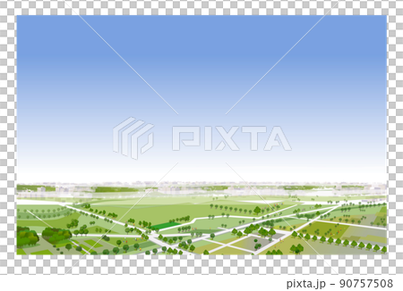 地平線。廣闊的。有趣的城市景觀和生活風景。人們可以明亮地生活的建築和城市規劃。 90757508