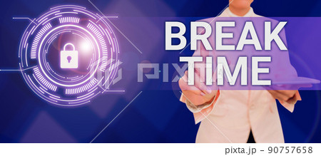 Conceptual display Break Time. Conceptual photo Period of rest or recreation after doing of certain work Businessman in suit holding open palm symbolizing successful teamwork. 90757658