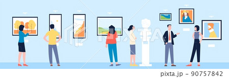 People in art gallery. Cultural man woman looking pictures in museum. Visit artist exhibit, painting exposition. Tourists on exhibition recent vector scene 90757842