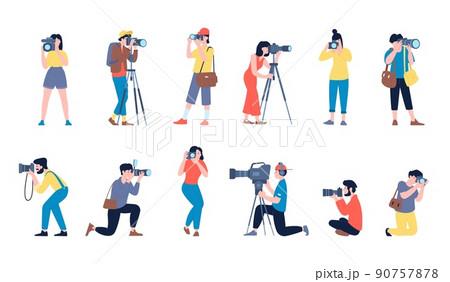 Photographers. Creative job, photographer with camera and tv operator. Man making artistic picture, isolated cartoon paparazzi recent vector set Photographers. Creative job, photographer with camera and tv operator. Man making artistic picture, isolated cartoon paparazzi recent vector set 90757878
