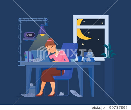 Work late concept. Worker burnout, exhausted businesswoman in office at night. Manager at workplace working with computer, tired decent vector character 90757895