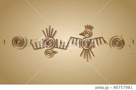 couple of birds Aztec frame sign isolated ancient religion symbol. Vector Maya fantastic animal gold icon. American culture totem, tribal ethnic mascot. Mexico history pattern, indian or peruvian bird 90757981