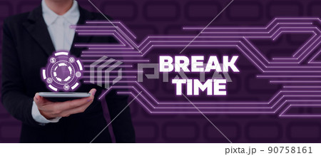 Handwriting text Break Time. Business overview Period of rest or recreation after doing of certain work Businessman in suit holding tablet symbolizing successful teamwork. 90758161