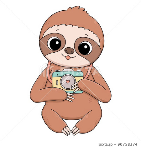 Cute baby sloth with camera summer illustration 90758374