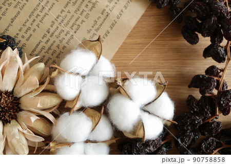 ヴィンテージ感のあるオシャレなドライフラワーと洋書　オーガニックのイメージ素材　サスティナブル　木目 90758858