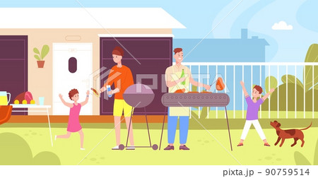 Family barbecue in backyard. BBQ party outside house, barbeque cooking meat on yard home garden park summer nature, eating grill children food wine, splendid vector illustration 90759514